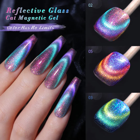 10ml Double Light Reflective Glass Cat Magnetic Gel Sparkling Rainbow Color Gel Nail Polish Varnis Semi Permanent